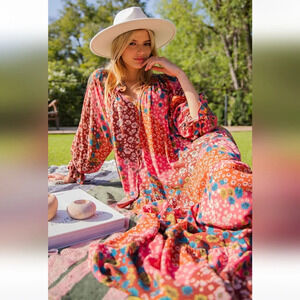 New Easel Floral Patchwork Print Rayon Gauze Long Sleeve Dress
